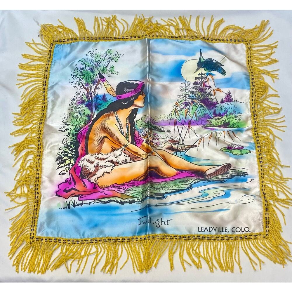 C1910 Souvenir Pillow Native American Woman Satin with Fringe Leadville Colorado